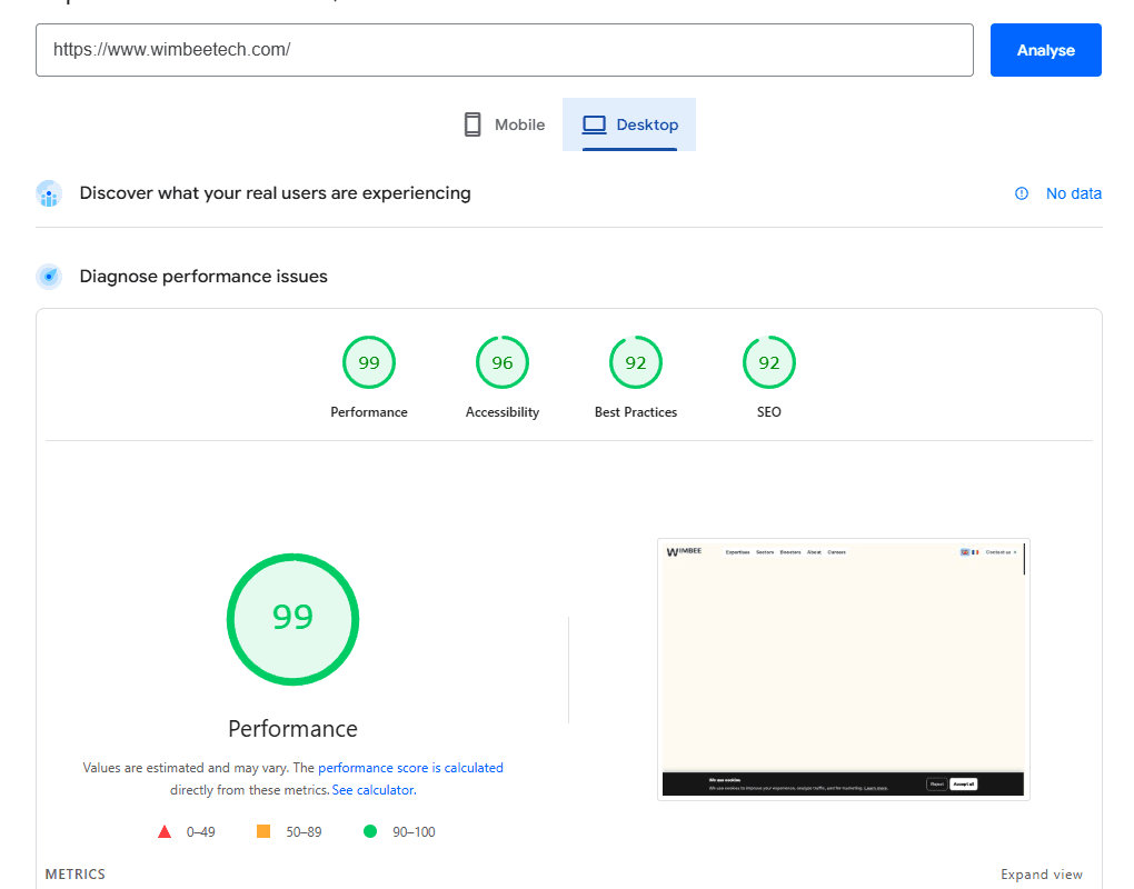 Google PageSpeed Insights – Desktop Score From Wimbeetech website