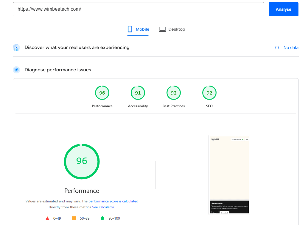 Google PageSpeed Insights – Mobile Score From Wimbeetech website
